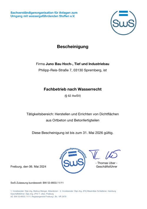 Juno Bau - Bescheinigung - Fachbetrieb nach Wasserrecht