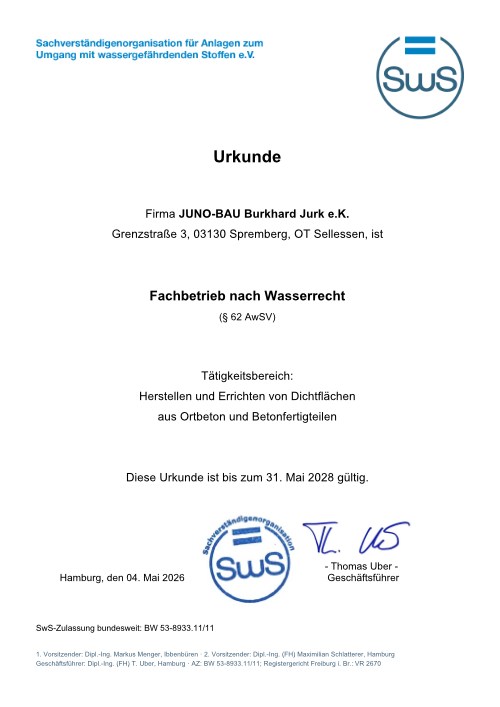JUNO-Bau - Bescheinigung - Fachbetrieb nach Wasserrecht