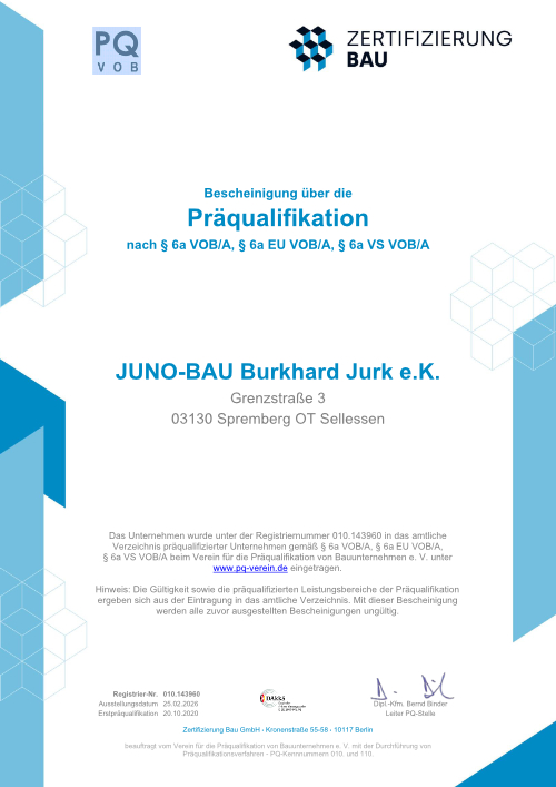 JUNO-Bau - Zertifikat - Präqualifikation von Bauunternehmen