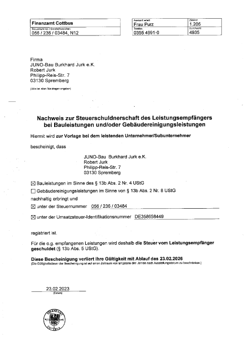 Juno Bau - Zertifikat - Nachweis zur Steuerschuldnerschaft