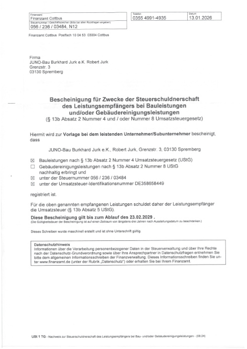 JUNO-Bau - Zertifikat - Nachweis zur Steuerschuldnerschaft