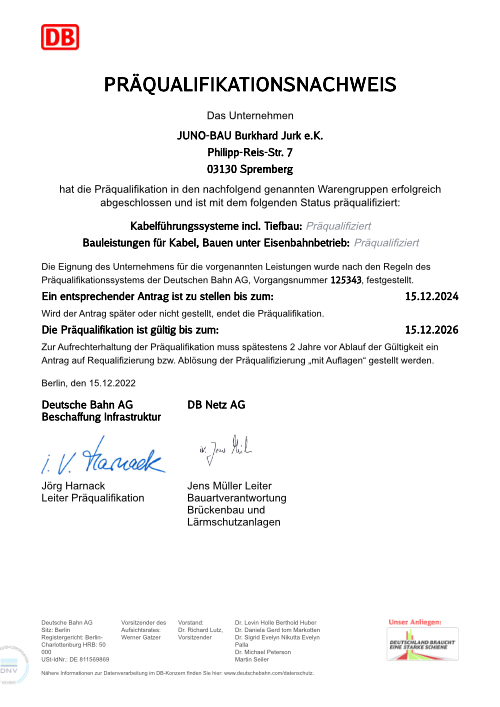 Juno Bau - Präqualifikationsnachweis Deutsche Bahn