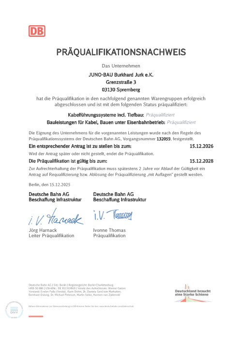 JUNO-Bau - Präqualifikationsnachweis Deutsche Bahn