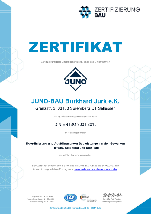 JUNO-Bau - Zertifikat - Qualitätsmanagementsystem nach DIN EN ISO 9001:2015