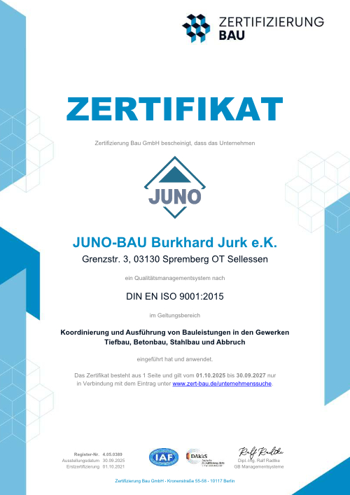 JUNO-Bau - Zertifikat - Qualitätsmanagementsystem nach DIN EN ISO 9001:2015