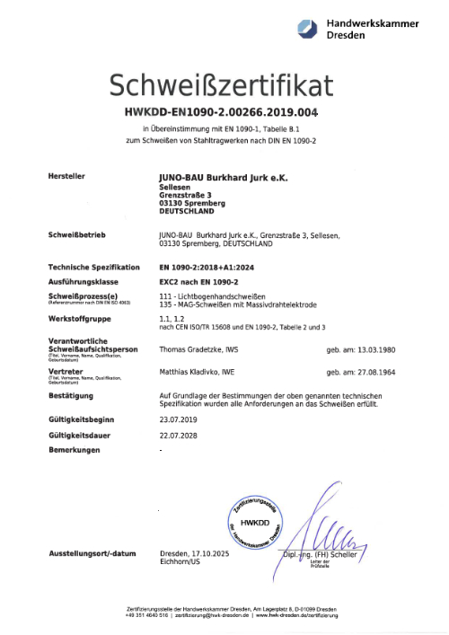 JUNO-Bau - Schweißzertifikat