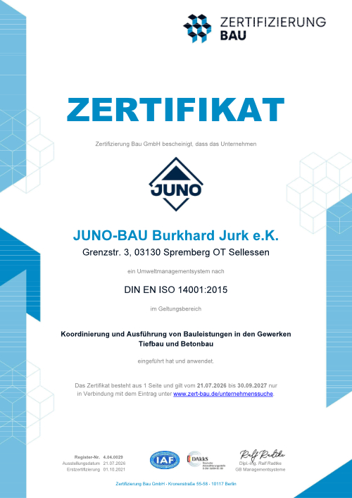 JUNO-Bau - Zertifikat - Umweltmanagementsystem nach DIN EN ISO 14001:2015