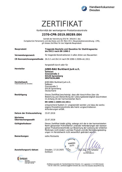 JUNO-Bau - Zertifikat - Konformität der werkseigenen Produktionskontrolle